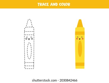 Trace And Color Cute Yellow Crayon. Educational Game For Kids. Writing And Coloring Practice.