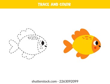 Trace and color cute yellow fish. Worksheet for kids.