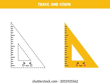 Trace and color cute yellow ruler. Educational game for kids. Writing and coloring practice.