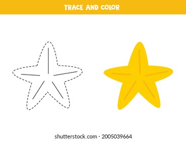 Trace and color cute yellow starfish. Educational game for kids. Writing and coloring practice.