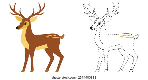 Trace and Color Deer. Hand Drawing Practice For Kids. Worksheet For Preschool. Deer Cartoon Vector Design