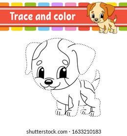 Trace and color. Dog animal. Coloring page for kids. Handwriting practice. Education developing worksheet. Activity page. Game for toddlers. Isolated vector illustration. Cartoon style.