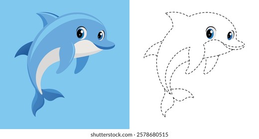 Trace and Color Dolphin Cartoon. Hand Drawing Practice For Kids. Cute Dolphin Cartoon Character Vector Illustration