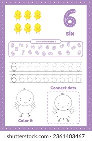 Trace, color, dot to dot. Exercises for preschool kids. Activity worksheets for children.  Learning numbers. Number 6.
