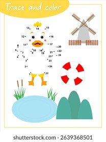 Trace and color with duck. Сonnect the dots by numbers. Hand Trainer. Recipe for children.