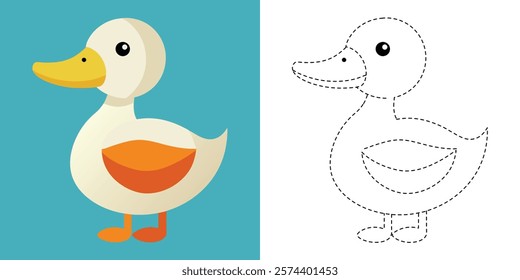 Trace and Color Duck. Hand Drawing Exercises For Kids. Worksheet For Preschool. Cute Duck Cartoon Vector Design