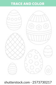 Trace and color. Easter eggs. Handwriting practice. Activity for kids. Education for toddler. Preschool or kindergarten handwriting practice. Isolated vector illustration eps 10