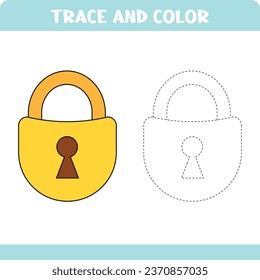 Trace and color educational page for preschool kids. Tracing door lock. Activity coloring page
