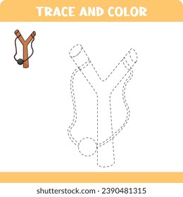 Trace and color educational worksheet for kids. Tracing slingshot. Activity color pages
