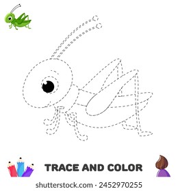 Trace and color educational worksheet for kids. Tracing grasshopper. Activity color pages
