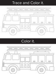 Trace And Color. Fire Truck Outline. Coloring Worksheet For Kindergarten Students. Vector  
