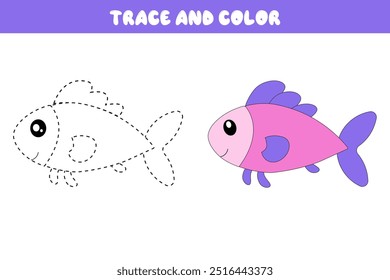 Traçar e colorir o peixe em estilo plano. Livro de colorir educacional para crianças. Prática de escrita para pré-escolares. Cartões escolares para crianças. Planilha educacional para pré-escolares.