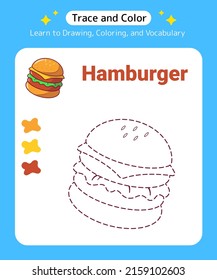 Trace and Color Food Hamburger for Preschool Kids and Kindergarten