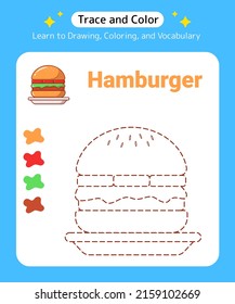 Trace and Color Food Hamburger for Preschool Kids and Kindergarten