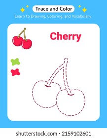 Trace and Color Fruit Cherry for Preschool Kids and Kindergarten