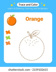 Trace and Color Fruit Orange for Preschool Kids and Kindergarten