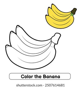 Trace and color fruits. Coloring page banana to be colored for kids.
Banana tracing worksheet activity.
Banana coloring page. Fruits set vector.
Coloring book for kids