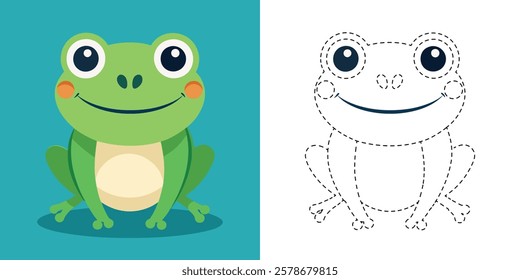 Trace and Color Funny Frog Cartoon. Hand Drawing Practice For Preschool. Line Animal Coloring. Cute Frog Cartoon Character Vector Illustration
