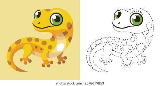 Trace and Color Funny Gecko Cartoon. Hand Drawn Exercises For Kids. Dotted Line Animal Coloring. Cute Gecko Cartoon Character Vector Illustration
