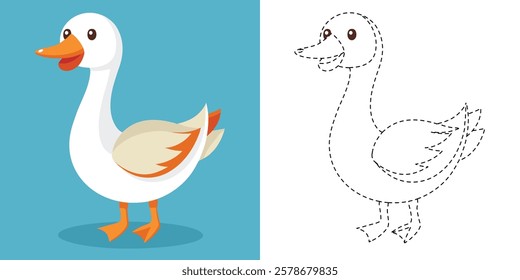 Trace and Color Funny Goose Cartoon. Hand Drawn Exercises For Kids. Dotted Line Animal Coloring. Cute Goose Cartoon Character Vector Illustration
