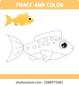 Trace and color game for kids. Activity worksheet. Outline fish 