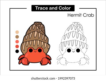 Trace and color game for kids with cute sea animal life hermit crab
