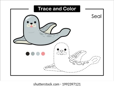 Trace and color game for kids with cute sea animal life seal