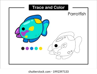 Trace and color game for kids with cute sea animal life parrot fish