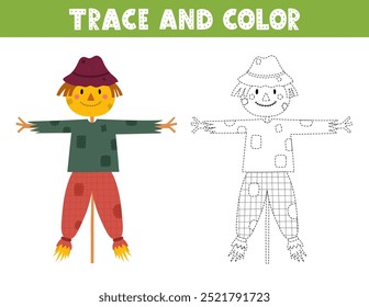 Trace and color game for kids with a cute scarecrow. Activity page with a funny farm character. Great for coloring book. Vector illustration