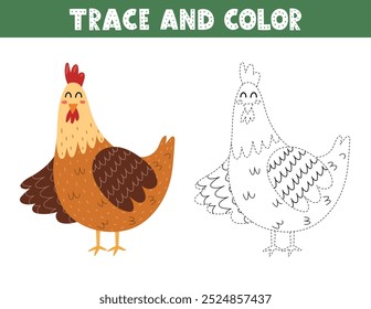 Trace e jogo de cores para crianças com uma galinha bonito. Página de atividade com um personagem de farm engraçado. Ótimo para livro de colorir. Ilustração vetorial