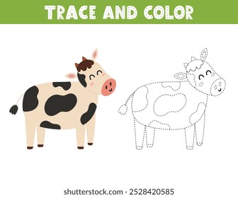 Trace e jogo de cores para crianças com uma vaca fofa. Página de atividade com um animal de fazenda engraçado. Ótimo para livro de colorir. Ilustração vetorial