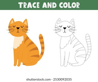 Juego de rastros y colores para niños con un lindo gato. Página de actividad con un divertido animal felino. Grande para el libro de colorear. Ilustración vectorial