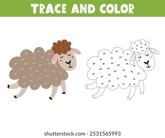 Trace and color game for kids with a cute sheep. Activity page with a funny farm animal. Great for coloring book. Vector illustration