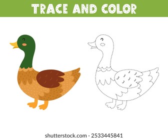 Trace and color game for kids with a cute duck. Activity page with a funny farm character. Great for coloring book. Vector illustration