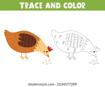 Trace e jogo de cores para crianças com uma galinha bonito. Página de atividade com um personagem de farm engraçado. Ótimo para livro de colorir. Ilustração vetorial