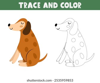 Juego de rastro y color para niños con un perro lindo. Página de actividad con un divertido personaje canino. Grande para el libro de colorear. Ilustración vectorial