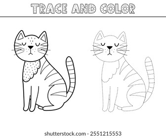 Trace and color game for kids with a cute cat. Black and white activity page with a funny feline animal. Great for coloring book. Vector illustration