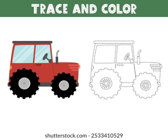 Trace and color game for kids with a tractor. Activity page with a farm transport. Great for coloring book. Vector illustration