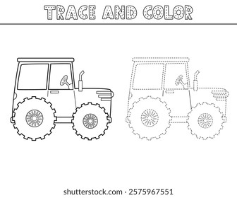 Trace and color game for kids with a tractor in outline. Activity page in black and white with a farm transport. Great for coloring book. Vector illustration