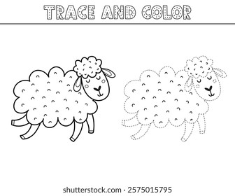 Trace and color game in outline for kids with a cute sheep. Activity page in black and white with a funny farm animal. Great for coloring book. Vector illustration