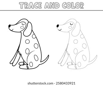 Trace and color game in outline for kids with a cute dog. Black and white activity page with a funny canine character. Great for coloring book. Vector illustration