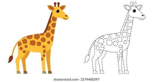 Trace and Color Giraffe. Hand Drawing Exercises For Kids. Worksheet For Preschool. Giraffe Cartoon Vector Design