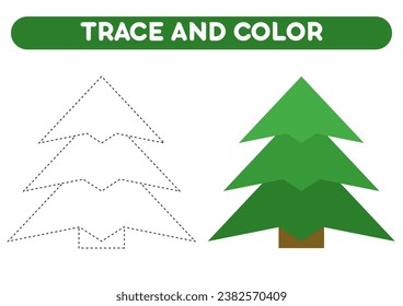 Trace and color green Christmas tree. Worksheet for kids