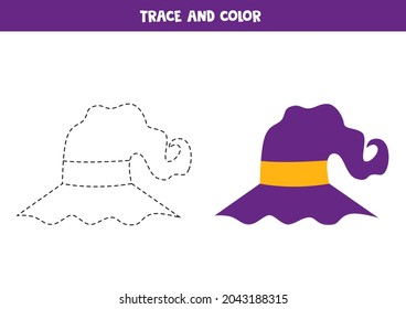 Trace and color Halloween wizard hat. Educational game for kids. Writing and coloring practice.