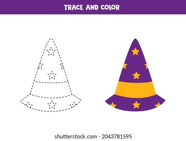 Trace and color Halloween wizard hat. Educational game for kids. Writing and coloring practice.