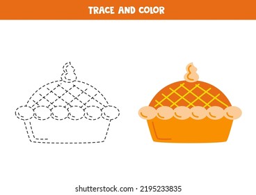 Trace and color hand drawn apple pie. Worksheet for kids.