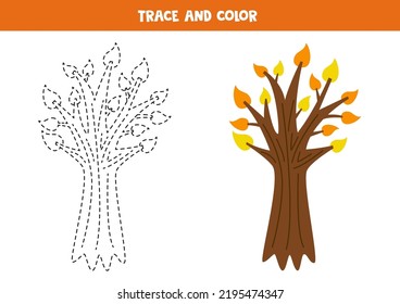 Trace And Color Hand Drawn Autumn Tree. Worksheet For Kids.