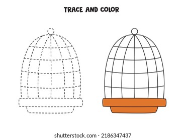 Traza y colorea jaula de aves dibujada a mano. Hoja de trabajo para niños.
