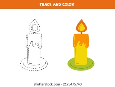 Trace and color hand drawn candle. Worksheet for kids.