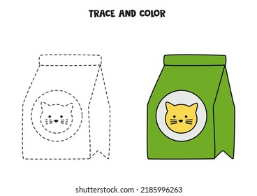 Trace and color hand drawn cat nutrition. Worksheet for kids.